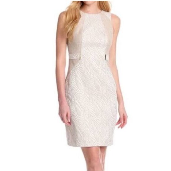 Calvin Klein Dress 12 Tan Cream Geo Stripe Sleeveless Career Church - Picture 1 of 13